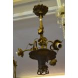 French gilt metal three branch hanging ceiling light of stylised floral design (at fault) 25ins high