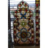 Pair of large three section 19th Century leaded stained glass church window panes, with shaped