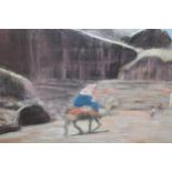 Group of three Far Eastern pastel studies, figures, water buffalo and a camel, signed with