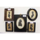 Group of five various 19th Century silhouette portrait miniatures in ebonised and walnut frames