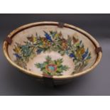 19th Century Spanish pottery bowl with polychrome floral decoration, 15.5ins diameter