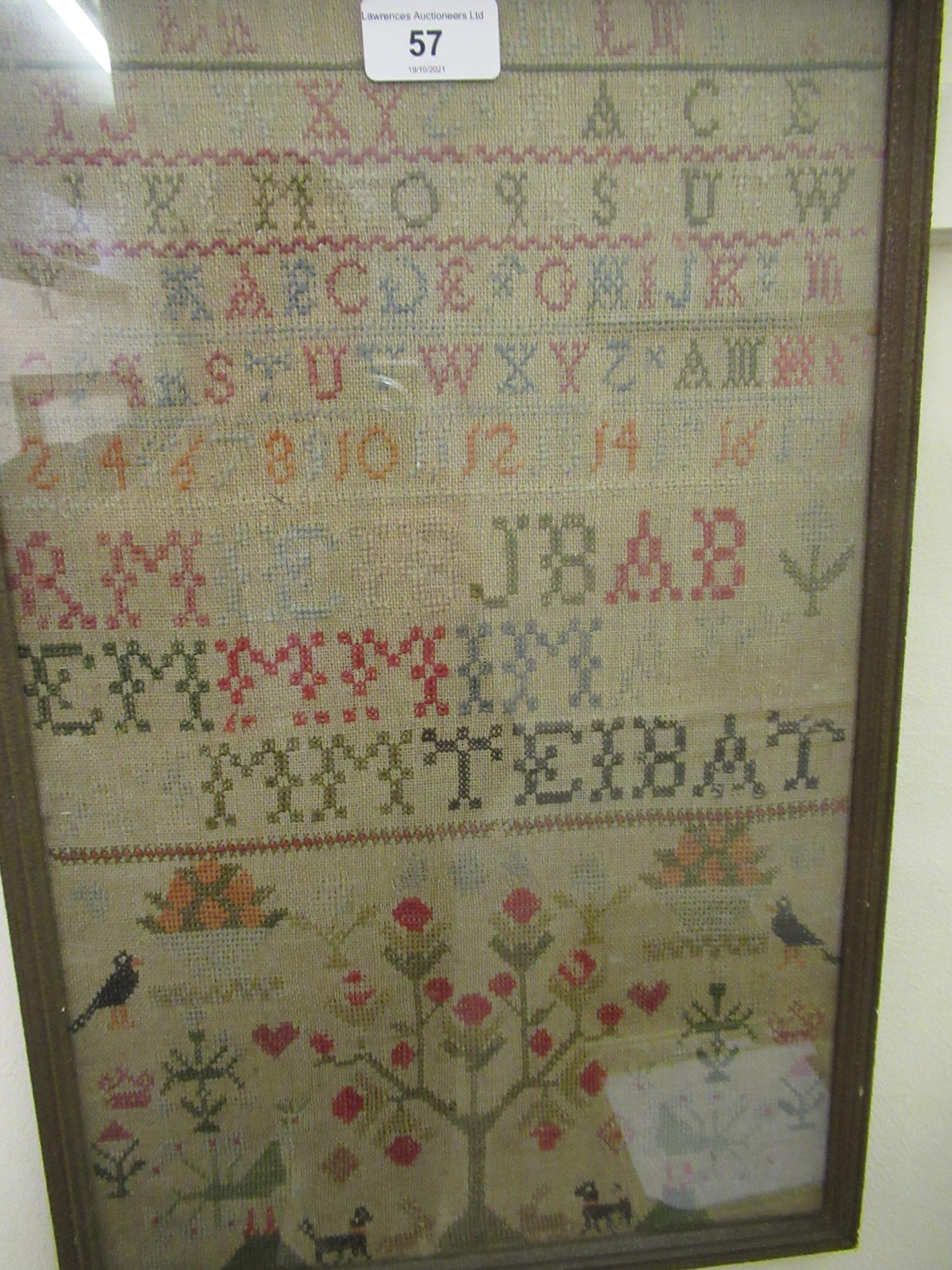 19th Century alphabet and pictorial sampler, 16.5ins x 10.5ins, gilt framed