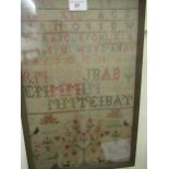 19th Century alphabet and pictorial sampler, 16.5ins x 10.5ins, gilt framed