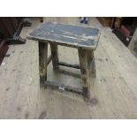 Pine milking stool on splay supports with stretchers, 16ins high x 14ins wide and a large two