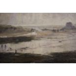 W. L. Wyllie signed oil on board, extensive coastal landscape with figures and beached boats Overall