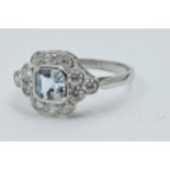 Platinum ring set aquamarine and brilliant cut diamonds Ring size O. Aquamarine is approximately 5mm