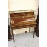 19th Century French mahogany and brass mounted cylinder bureau, the brass galleried marble top above