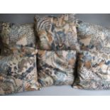 Two Large Animal print cushions, 24ins square and four Interior Fabric Design Inc. 1990 cushions