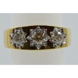 9ct Yellow gold three stone diamond ring, the diamonds approximately 1.05ct total Ring size Q.