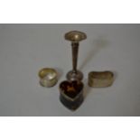 Two silver napkin rings, silver mounted tortoiseshell heart shaped trinket box and a small silver