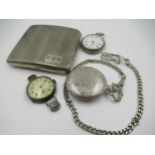 Small Continental silver (935 mark) fob watch, silver cased wristwatch, gun metal fob watch and a
