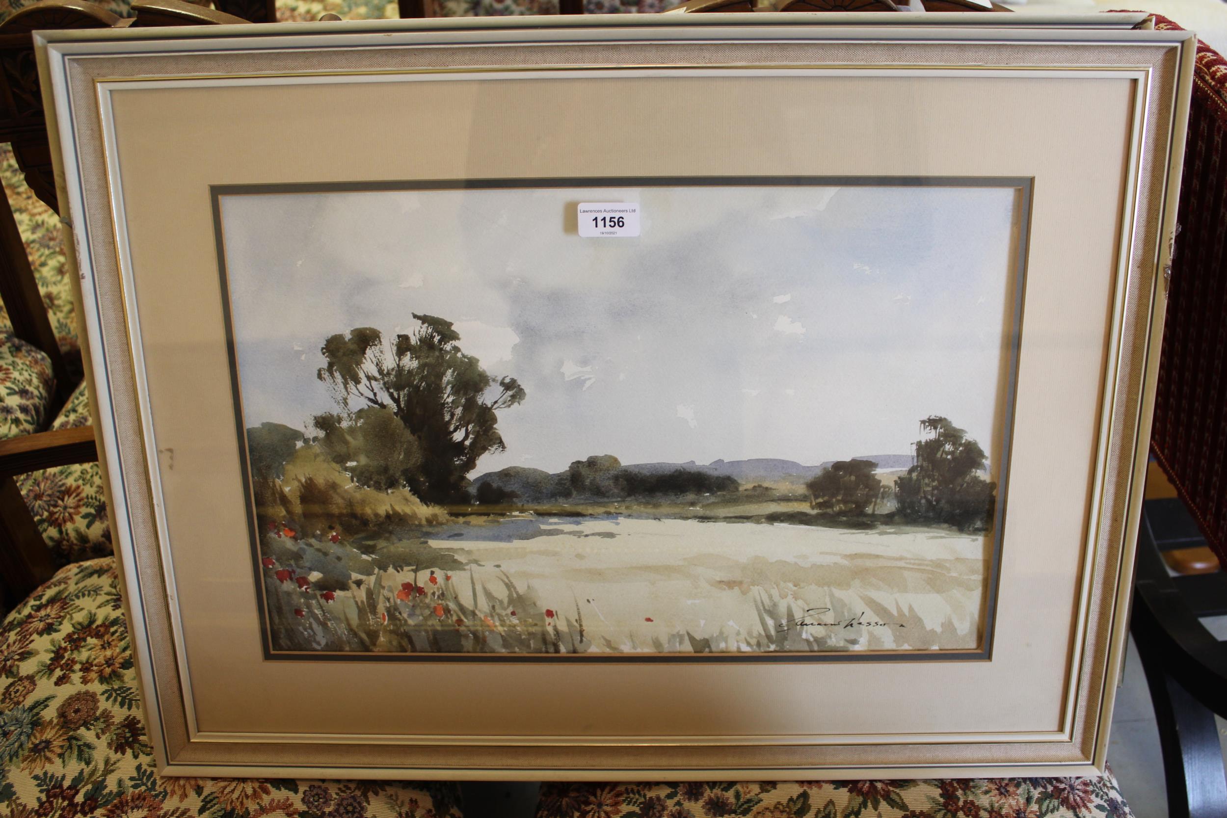 Edward Wesson, watercolour, rural landscape with distant hills, signed, 12.5ins x 19.5ins, framed - Image 2 of 2