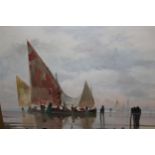 E. Noretti, oil on canvas board, distant view of Venice with fishing boats to the foreground,