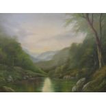 Andrew G. Kurtis, late 20th Century oil on canvas, wooded loch scene with distant mountains, signed,