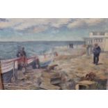 Attributed to Denys Law, oil on canvas board, coastal landscape with fishermen, boats and bathers,