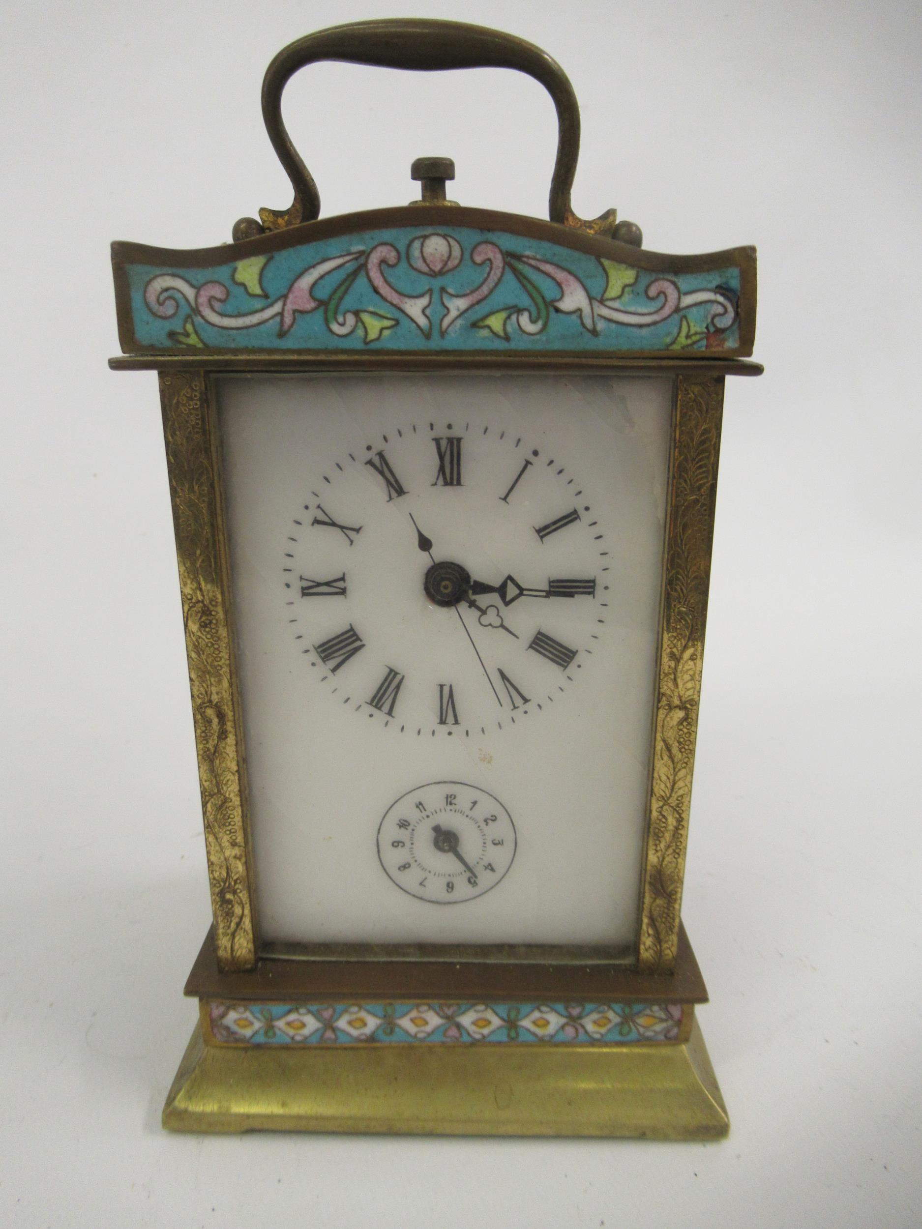 Small 19th Century rosewood cased drum clock with enamel dial and Roman numerals (at fault), - Image 2 of 4