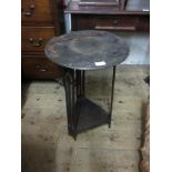 Arts & Crafts circular mahogany side table, with three pierced supports and undertier, (at fault),