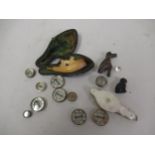 Collection of miniature compasses, mother of pearl magnifying glass, small cased Meerschaum pipe