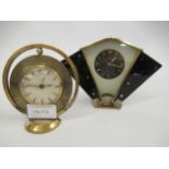 Small 1950's Gilt and black brass mantel clock, together with a similar circular gilt brass mantel