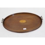 Edwardian oval mahogany shell and line inlaid two handled tray