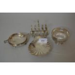Small silver four division toast rack, scallop form dish, small silver two handled dish and a