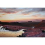 Brian D. Horswell, oil on canvas, sunset moorland landscape, 17ins x 29ins, framed together with a