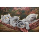 Lilian Cheviot, oil on canvas, four grey kittens in a hammock, signed, 15ins x 21.5ins, gilt framed