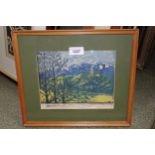 Woodcut engraving in colours, mountain landscape, indistinctly signed and inscribed, 7ins x 8ins