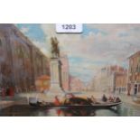 John W. Perrin, oil on panel, Venetian square with figures in gondolas to the foreground, signed,