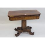 19th Century mahogany fold over games, tea table, having crossbanded top, (bowed), with shaped