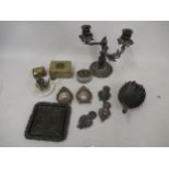 Pair of miniature metal photograph frames, onyx and gilt brass miniature chamberstick, three small
