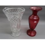 Large cut glass flower vase and a cranberry glass baluster form vase