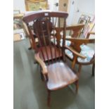 Victorian beech and elm stickback kitchen elbow chair on turned supports