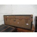 Early to Mid 20th Century travel trunk by overpond bearing Cunard line baggage labels 14ins high x