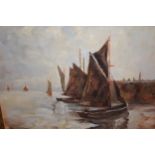 Oil on board, fishing boats by a quayside, signed J. Foulger verso, 14ins x 18ins