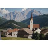 Christopher Hankey, oil on canvas, Alpine village scene with clock tower to the foreground,