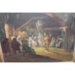 19th Century Continental oil on board, figures dancing in a barn interior, unsigned, 12ins x