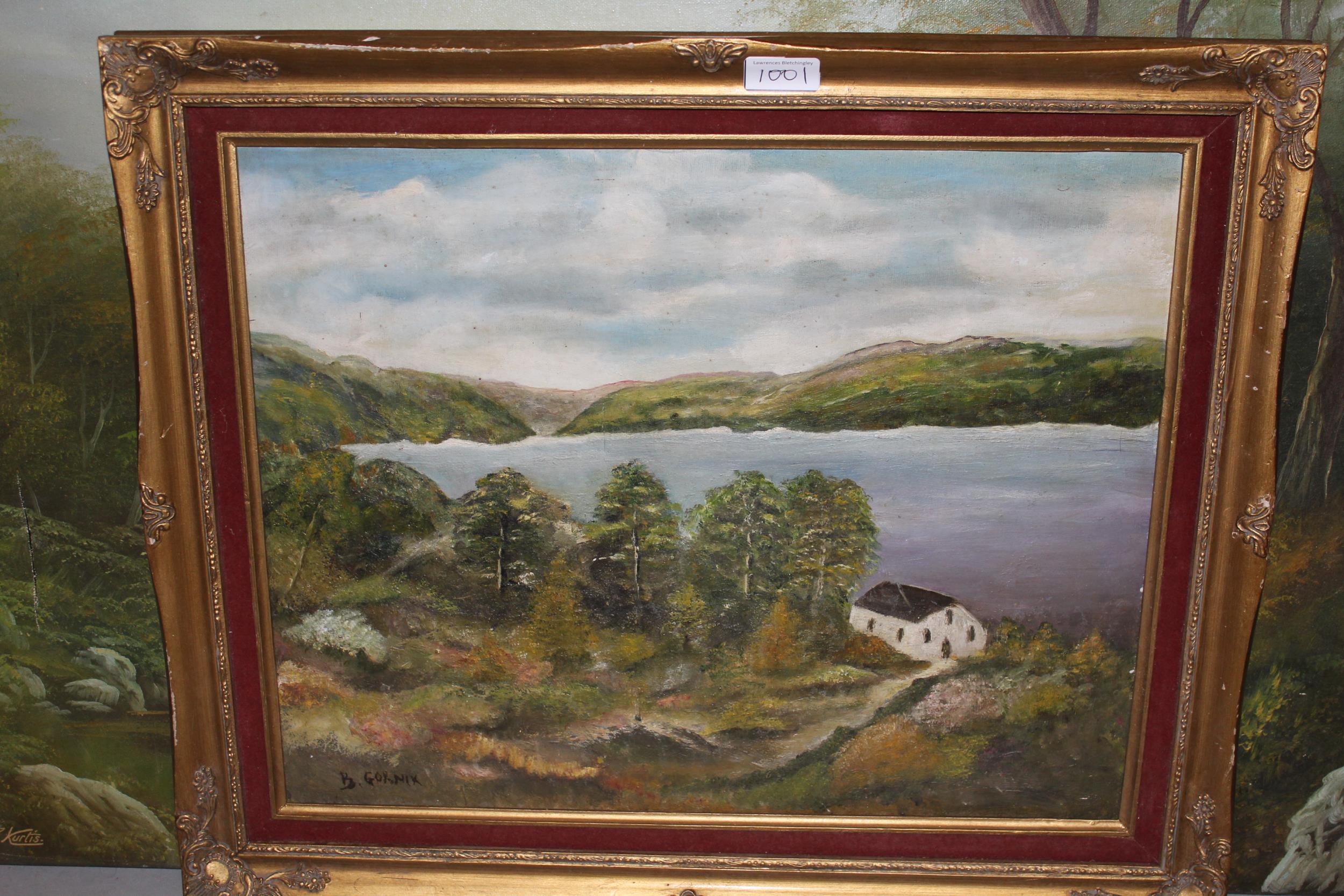 Andrew G. Kurtis, late 20th Century oil on canvas, wooded loch scene with distant mountains, signed, - Image 2 of 2