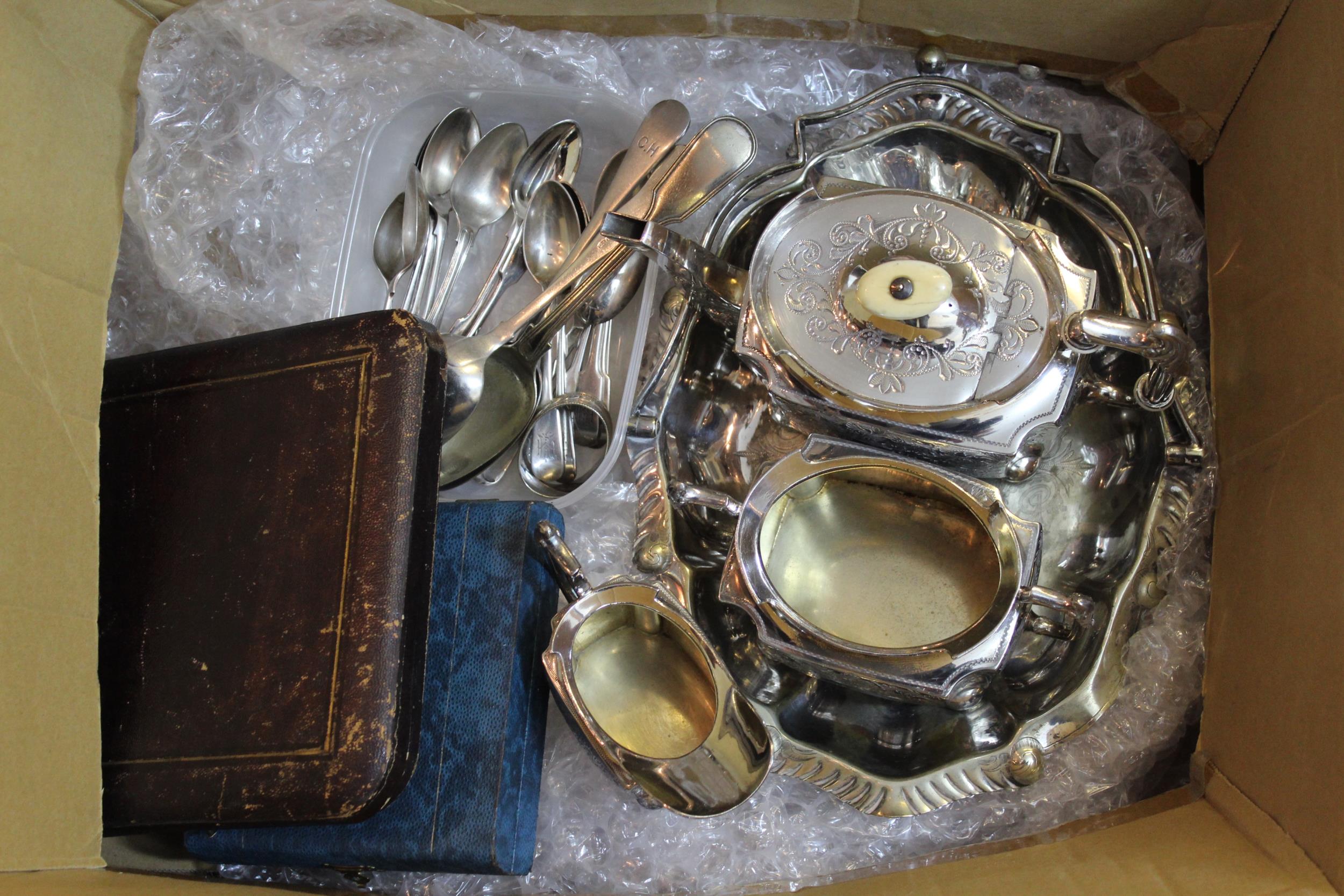 Small quantity of silver plated items including a three piece teaset, two cased sets of flatware and