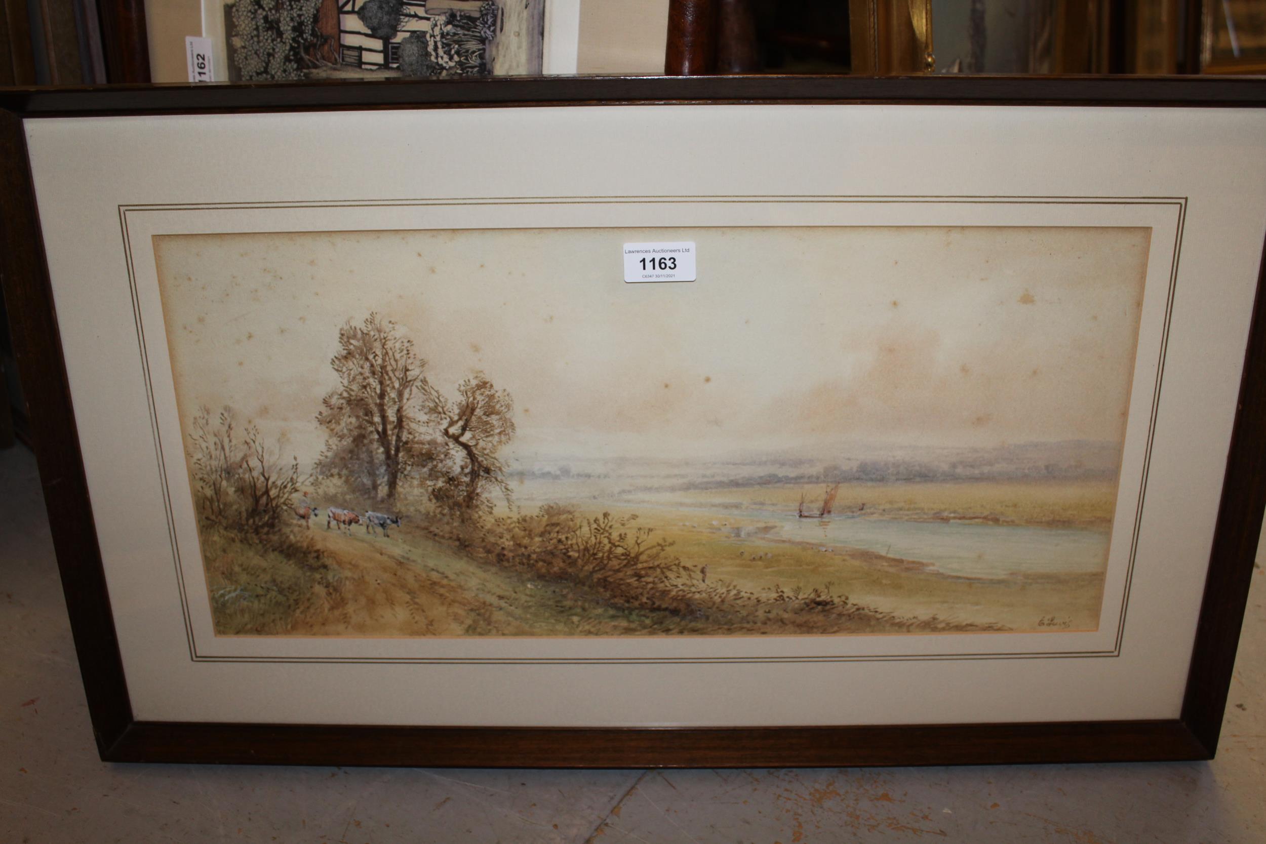 E Lewis, watercolour rural river scene with cattle and boat, 9.5ins x 21ins, framed, together with - Image 2 of 3