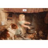 Helena Maguire, watercolour, young girl stirring a pot in an inglenook fireplace, a cat and dog