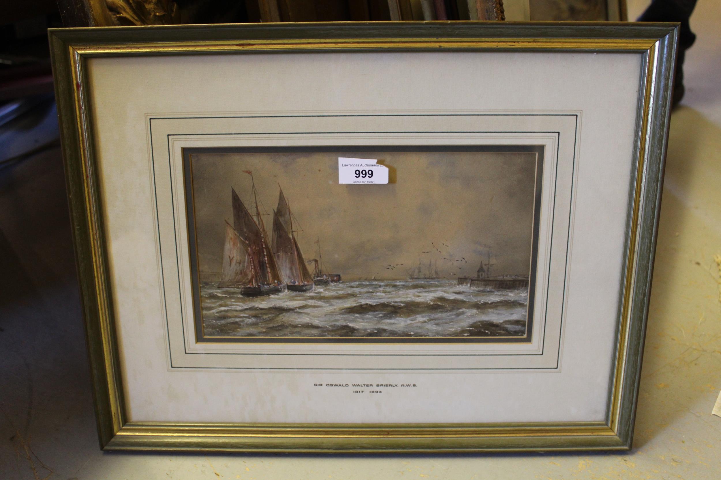 Sir Oswald Walter Brierly RWS, watercolour, steam and sailing boats off a jetty, signed, 6.5ins x - Image 2 of 2