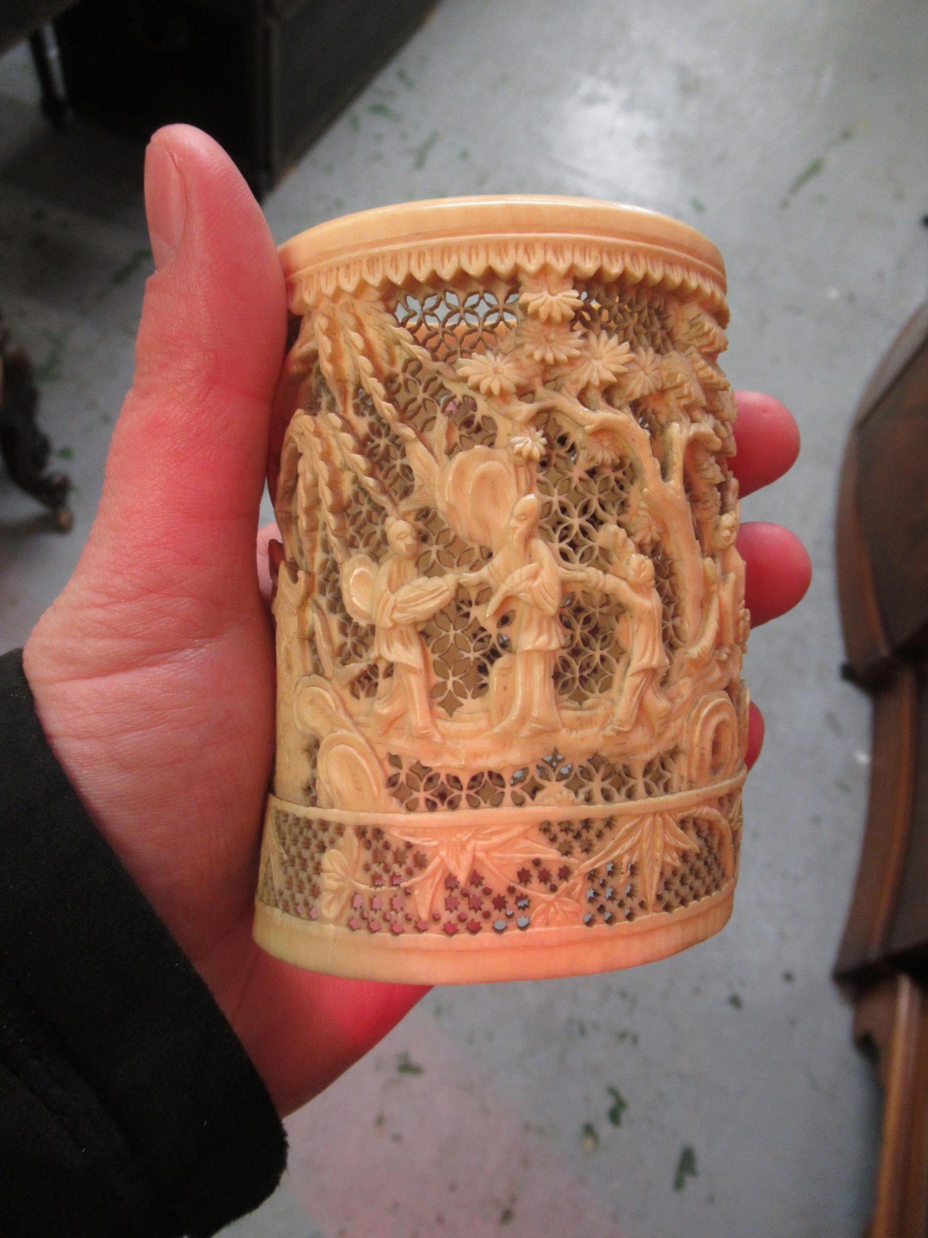 Two 19th Century Chinese carved ivory vases together with a needle case (at fault) and two carved - Image 4 of 13