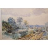 Folder of unframed watercolours, children by a canal, signed William W. Warren, landscape and