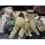 Five various vintage teddy bears and other miscellaneous soft toys and dolls