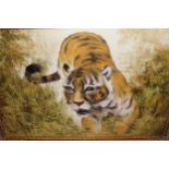 Rene, 20th Century oil on canvas, tiger in landscape, signed, 23.5ins x 35.5ins, gilt framed
