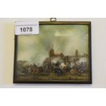 20th Century miniature watercolour, a battle scene, 3.5ins x 4.25ins, housed in a copper frame