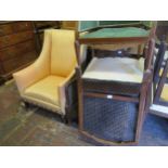 Edwardian upholstered library armchair on square tapering supports (at fault), together with a