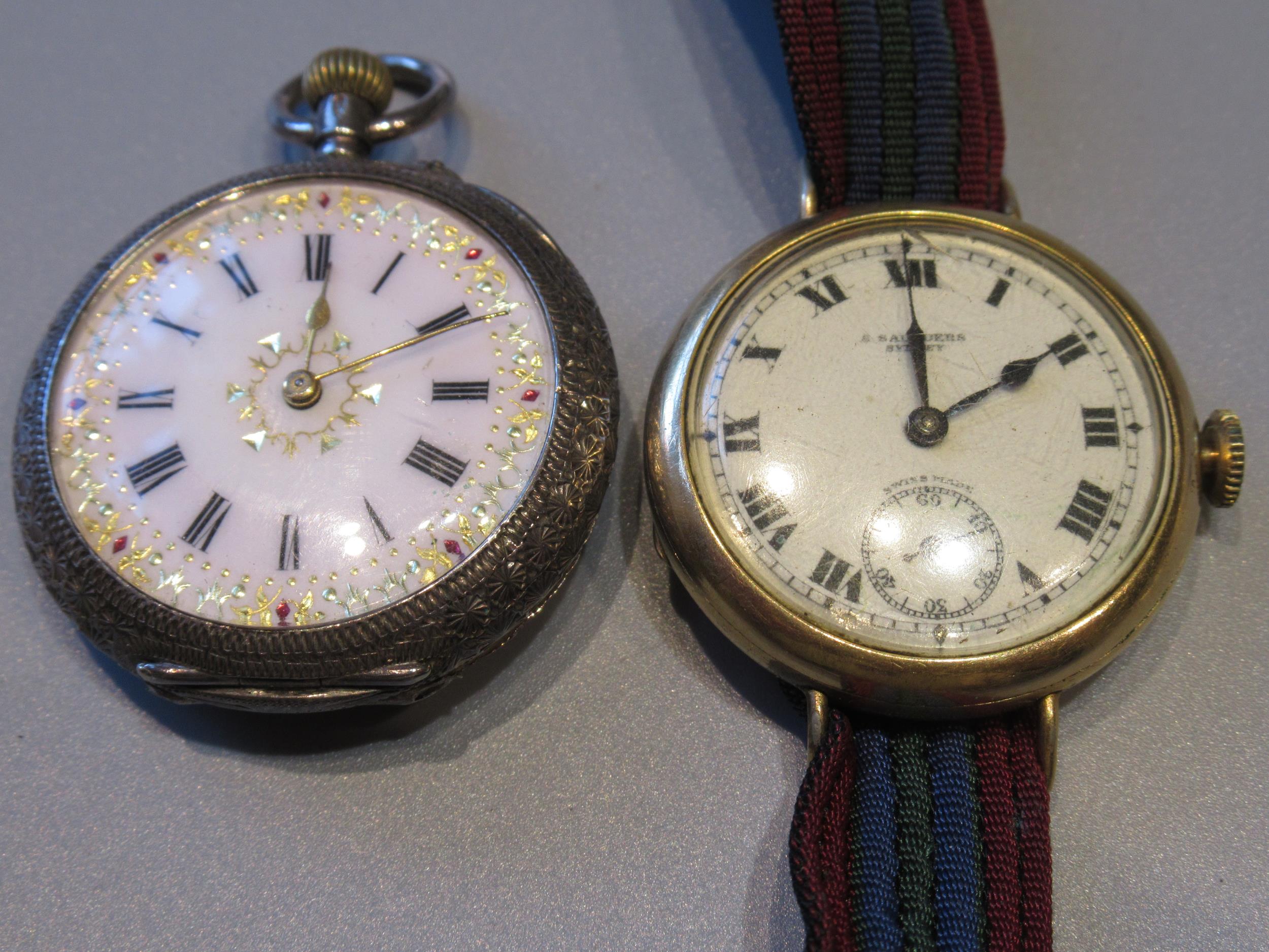 Continental silver cased fob watch, together with a circular gold plated wristwatch - Image 2 of 3