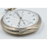 Omega silver cased pocket watch with stopwatch function, the enamel dial with Arabic numerals and